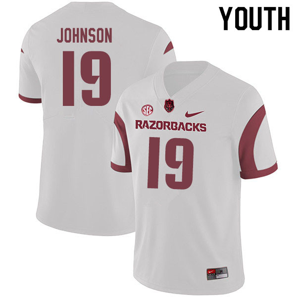 Youth #19 Khari Johnson Arkansas Razorbacks College Football Jerseys Sale-White - Click Image to Close